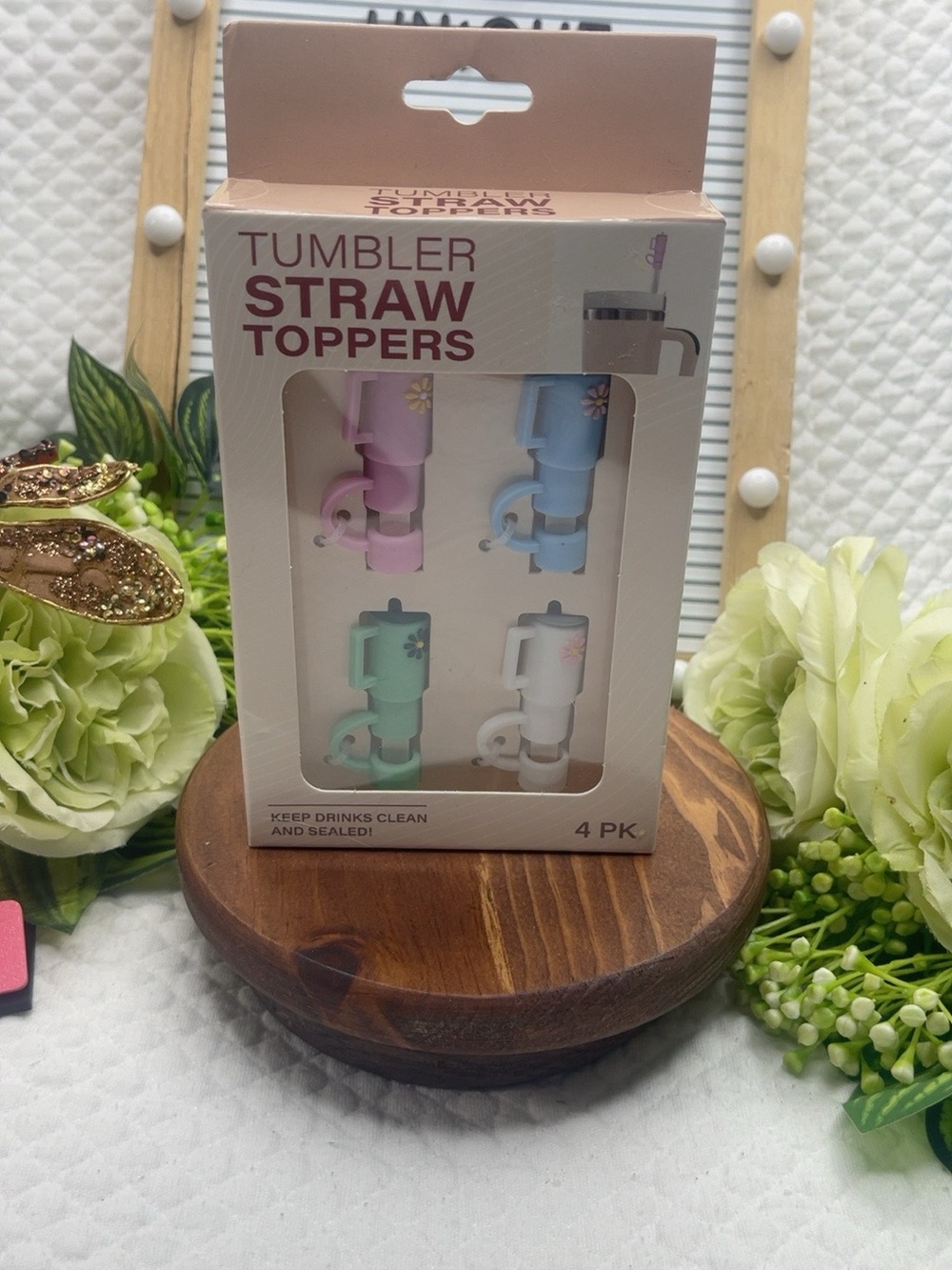 Tumbler Straw Toppers 4-Pack - Pastel Pink, Blue, Green, White